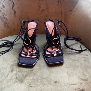 EGO Mama it’s Lace Up Ring Detail Square Open Toe Block Heel Faux Suede Sandal